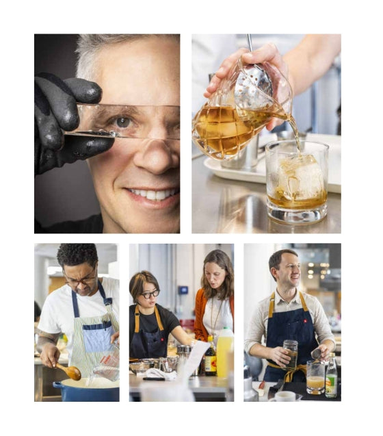A collage shows people cooking and making drinks in a kitchen. Close-ups include a smiling man, a drink being poured, and groups preparing food and beverages together, featuring moments inspired by cocktail recipes from Cocktails Illustrated by Penguin Random House.