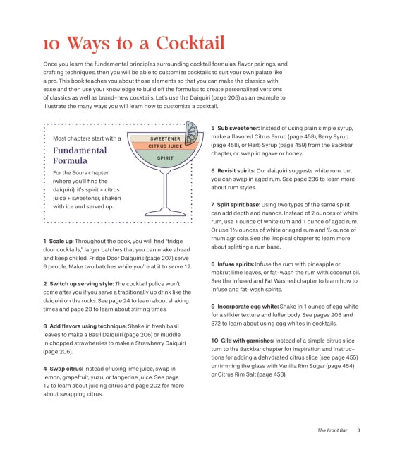 A page from Cocktails Illustrated by Penguin Random House presents 10 creative ways to customize cocktails, features a cocktail formula graphic, and offers expert tips for ingredient swaps and spirit variations—ideal for home mixologists eager to enhance their bartending skills.