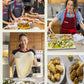 Four people cook and prepare dishes in a kitchen; one stretches pizza dough, another fries food, and cooked chicken is displayed on plates labeled “No Broil” and “Broil.” Dinner Tonight by Penguin Random House is perfect for weeknight dinners—these quick recipes not only save time but also promise easy cleanup afterward.