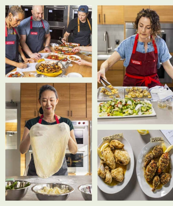 Four people cook and prepare dishes in a kitchen; one stretches pizza dough, another fries food, and cooked chicken is displayed on plates labeled “No Broil” and “Broil.” Dinner Tonight by Penguin Random House is perfect for weeknight dinners—these quick recipes not only save time but also promise easy cleanup afterward.