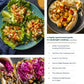 Three plates of colorful tacos and grilled sausage with vegetable topping are arranged alongside the table of contents from Dinner Tonight by Penguin Random House, all captured in a bright, overhead layout—perfect inspiration for quick recipes and easy cleanup on busy weeknight dinners.