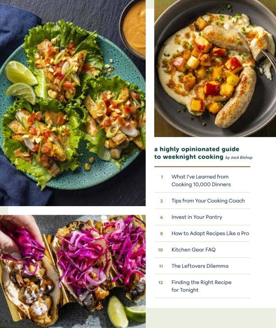 Three plates of colorful tacos and grilled sausage with vegetable topping are arranged alongside the table of contents from Dinner Tonight by Penguin Random House, all captured in a bright, overhead layout—perfect inspiration for quick recipes and easy cleanup on busy weeknight dinners.
