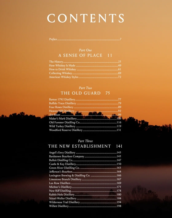 Table of contents for Bourbon, The Story of Kentucky Whiskey by Penguin Random House, featuring three sections—A Sense of Place, The Old Guard, and The New Establishment—with chapter titles and page numbers displayed against a scenic backdrop. This edition blends tales from Kentucky bourbon country with a comprehensive whiskey guide, delving into the history of bourbon alongside vivid depictions of the iconic landscape.