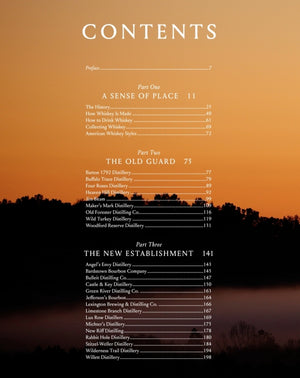 Table of contents for Bourbon, The Story of Kentucky Whiskey by Penguin Random House, featuring three sections—A Sense of Place, The Old Guard, and The New Establishment—with chapter titles and page numbers displayed against a scenic backdrop. This edition blends tales from Kentucky bourbon country with a comprehensive whiskey guide, delving into the history of bourbon alongside vivid depictions of the iconic landscape.