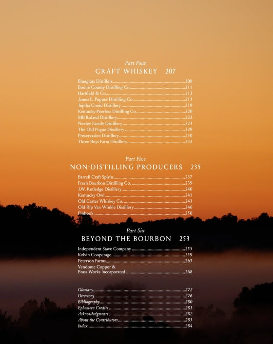 Table of contents page for Bourbon, The Story of Kentucky Whiskey by Penguin Random House, featuring sections on craft whiskey, non-distilling producers, bourbon history, and beyond the bourbon—all set against a misty sunrise landscape.