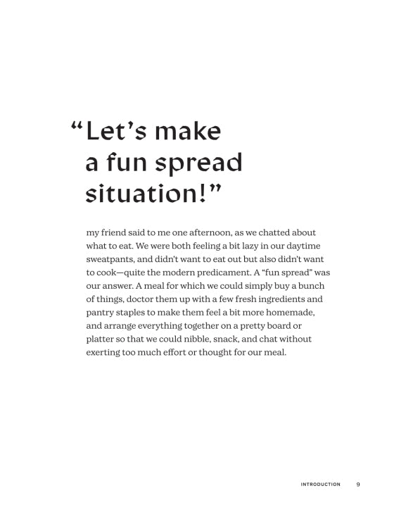 Text on a white page reads: “’Let’s make a fun spread situation!’” followed by a paragraph describing how Boards & Spreads from Penguin Random House inspires you to create casual meals with easy, shareable foods—perfect for appetizer spreads and assembling delightful snack platters. Page number 9 appears in the bottom right corner.