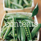 A small basket brimming with fresh green pea pods—some split open to reveal their vibrant peas—captures the effortless charm of “Barefoot Contessa At Home” by Penguin Random House, with the word “contents” overlaid in crisp white lettering as a tribute to Ina Garten’s signature East Hampton style.