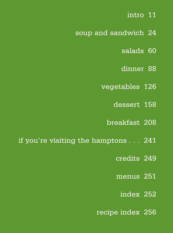A table of contents set against a green background, featuring sections such as introduction, salads, dinner, dessert, and indexes with matching page numbers—capturing the warm, inviting style found in Penguin Random House’s *Barefoot Contessa At Home*.