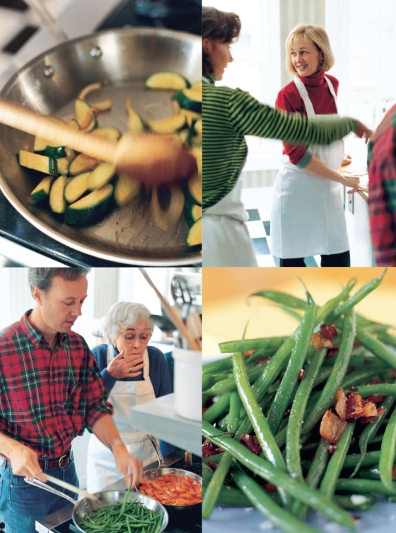 A collage depicting people cooking together, sautéing vegetables, and a close-up of green beans with bacon pieces on a plate, all reflecting the warmth and simplicity of everyday meals inspired by Barefoot Contessa Family Style from Penguin Random House.