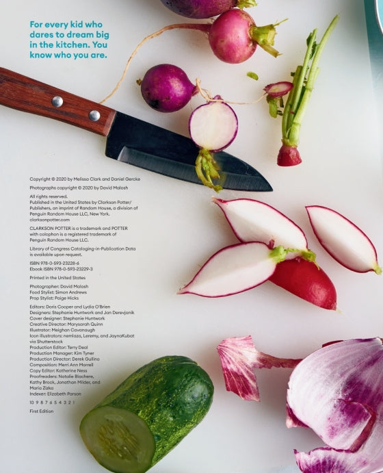 A knife, sliced radishes, a cucumber, and a piece of red onion on a white surface evoke the fresh simplicity of Penguin Random House’s “Kid in the Kitchen” cookbook, with text in the upper left and lower left corners.
