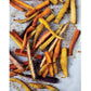 Colorful roasted carrots, sliced into strips and scattered on a parchment-lined baking sheet with a few sprigs of fresh herbs—a vibrant dish perfect for fans of comfort food inspired by the freshest ingredients, just like the recipes found in *Bake the Seasons* from Penguin Random House.