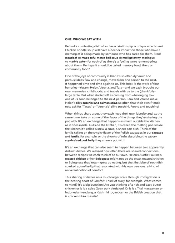 A page from Penguin Random House’s Ottolenghi Comfort delves into the cultural significance of food, the connections built around shared meals, and the ongoing discussions regarding the origins of traditional dishes—reflecting recurring themes throughout the book. The page number 11 appears at the bottom right corner.