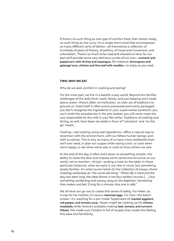 A page from a book exploring the idea of comfort food, why we eat, and how preparing meals is a source of solace and connection—just like reaching for your favorite cookbook or delving into *Ottolenghi Comfort* by Penguin Random House—emphasizing that comfort cooking feeds both body and soul.
