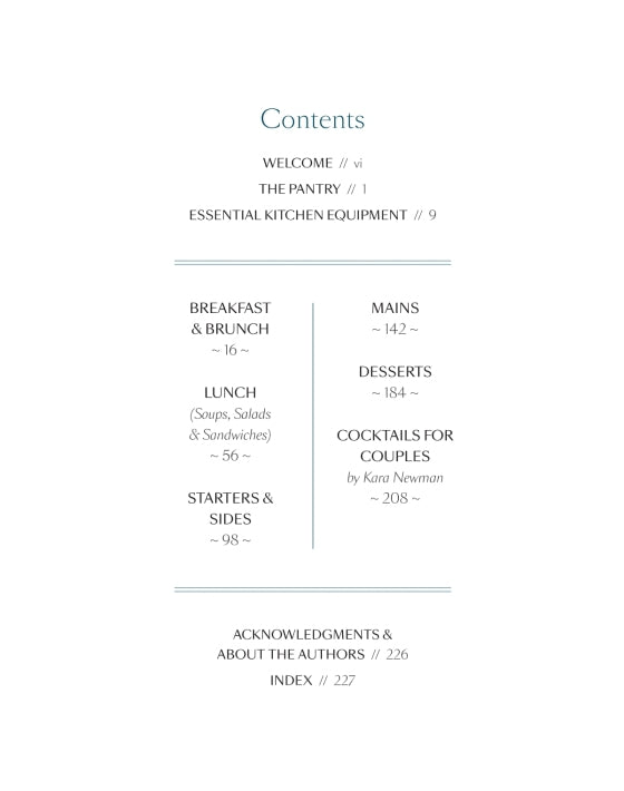 Table of contents page from The Couple’s Cookbook by Penguin Random House, listing chapters on welcome, pantry, kitchen equipment, meals, desserts, cocktails, acknowledgments, authors, and index with corresponding page numbers—perfectly organized for couples who love cooking together or are exploring new recipes.