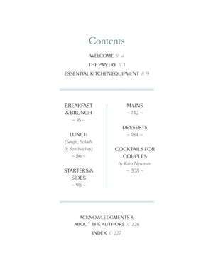 Table of contents page from The Couple’s Cookbook by Penguin Random House, listing chapters on welcome, pantry, kitchen equipment, meals, desserts, cocktails, acknowledgments, authors, and index with corresponding page numbers—perfectly organized for couples who love cooking together or are exploring new recipes.
