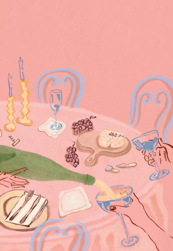 Discover the perfect inspiration for entertaining with “Having People Over” by Penguin Random House: an illustration featuring a welcoming table set with cheese, grapes, glasses, and candles, as a bottle pours drinks and friends raise their glasses—ideal for anyone looking to create an inviting charcuterie board.