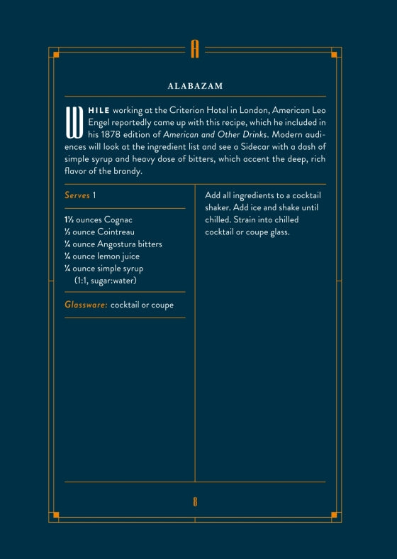Recipe card for an Alabazam cocktail, featuring the ingredients, step-by-step instructions, recommended glassware, and a concise origin story. Ideal for any bar book or bartending guide, this card is showcased on a dark blue background with gold accents, adding a refined touch—perfectly complementing The Essential Bar Book by Penguin Random House.