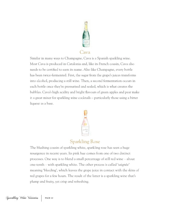 Here is a revised version of your sentence, incorporating the product data: A vibrant white page from Spritz Fever! by Penguin Random House features illustrated bottles of Cava and Sparkling Rosé, with black and orange text detailing their distinct production methods and tasting notes. This engaging guide not only spotlights the unique qualities of each sparkling wine, but also inspires readers with inventive spritz recipes and creative cocktails to enjoy.
