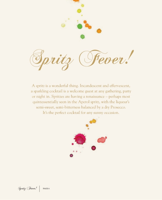 A page titled “Spritz Fever!” by Penguin Random House features colorful drink splashes at the top and a description highlighting the rising popularity and refreshing qualities of spritz cocktails. Discover why these low ABV favorites are perfect for any occasion as you explore a vibrant selection of spritz recipes, celebrating what makes this sparkling drink a beloved classic.