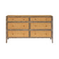The Amara Dresser Collection by Made Goods features a wooden dresser with six drawers, woven rattan fronts, and caned panels, shown against a plain white background.