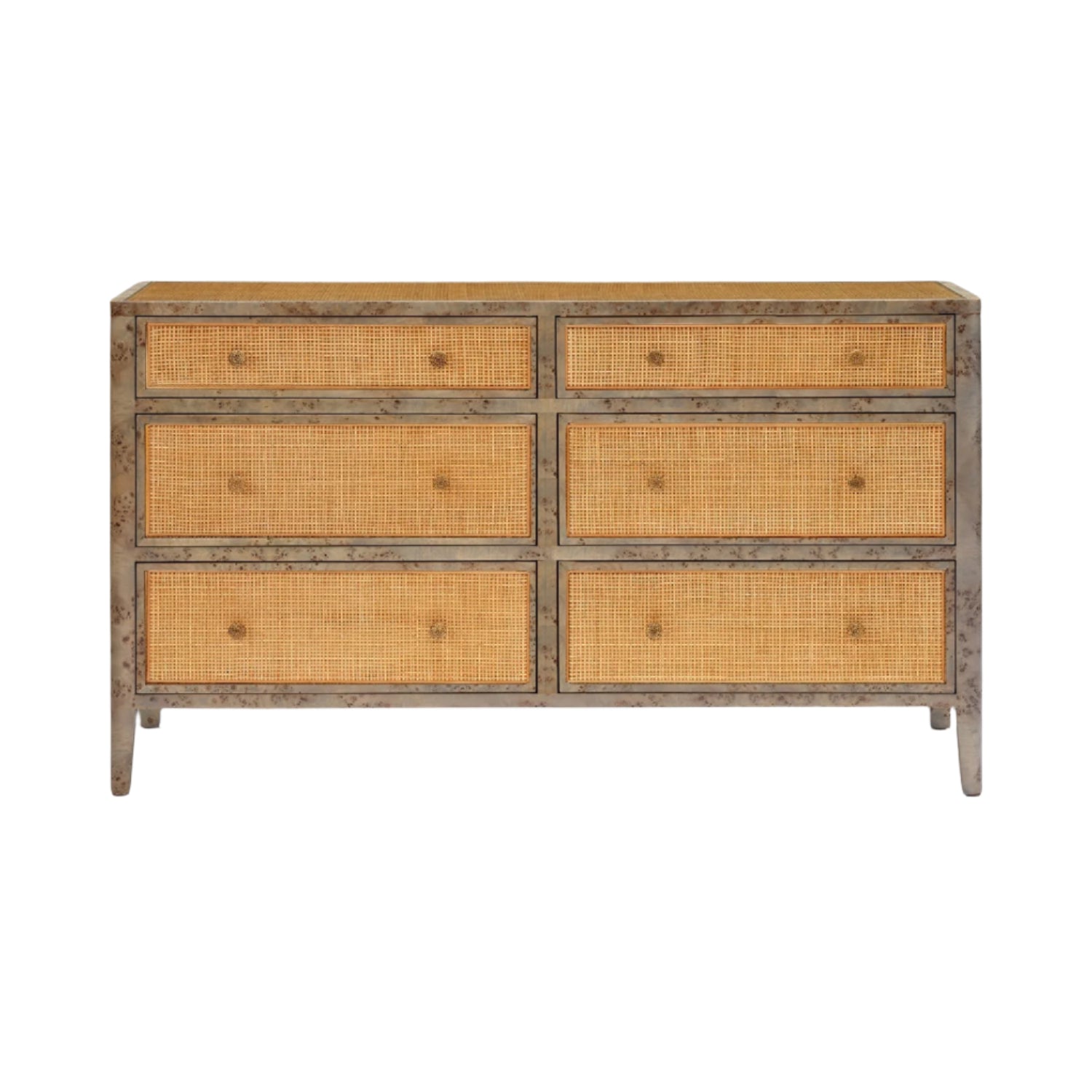 The Amara Dresser Collection by Made Goods features a wooden dresser with six drawers, woven rattan fronts, and caned panels, shown against a plain white background.
