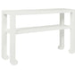The Askel Console by Made Goods features a white faux raffia finish, curved legs, and an open lower shelf. Measuring 14 inches deep, it's displayed against a plain white background.