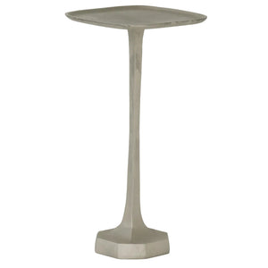 The Brenna Drinks Table by Made Goods features an antique silver textured metal finish, a square tray top, slender stem, and hexagonal base, shown against a white background.