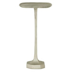 The Brenna Drinks Table by Made Goods features an antique silver finish, a tall and narrow metal design with a textured rectangular tray top, slender pedestal, and geometric hexagonal base.