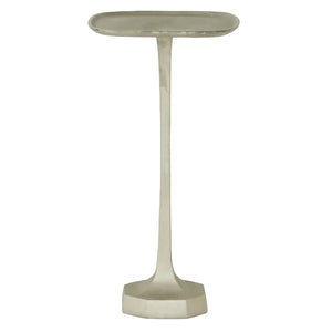 The Brenna Drinks Table by Made Goods features an antique silver finish, a tall and narrow metal design with a textured rectangular tray top, slender pedestal, and geometric hexagonal base.