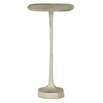 The Brenna Drinks Table by Made Goods features an antique silver finish, a tall and narrow metal design with a textured rectangular tray top, slender pedestal, and geometric hexagonal base.