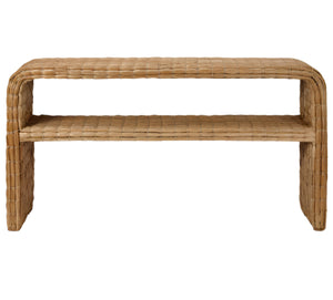 The Made Goods Charlotte Console features two rectangular tiers and rounded edges in woven seagrass, showcased from the front against a white background for a naturally sophisticated look.