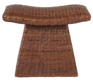 The Connie Foot Stool by Made Goods features a lightweight woven rattan design with a saddle-shaped seat and flared rectangular base—an elegant accent for any space. Shown against a white background.