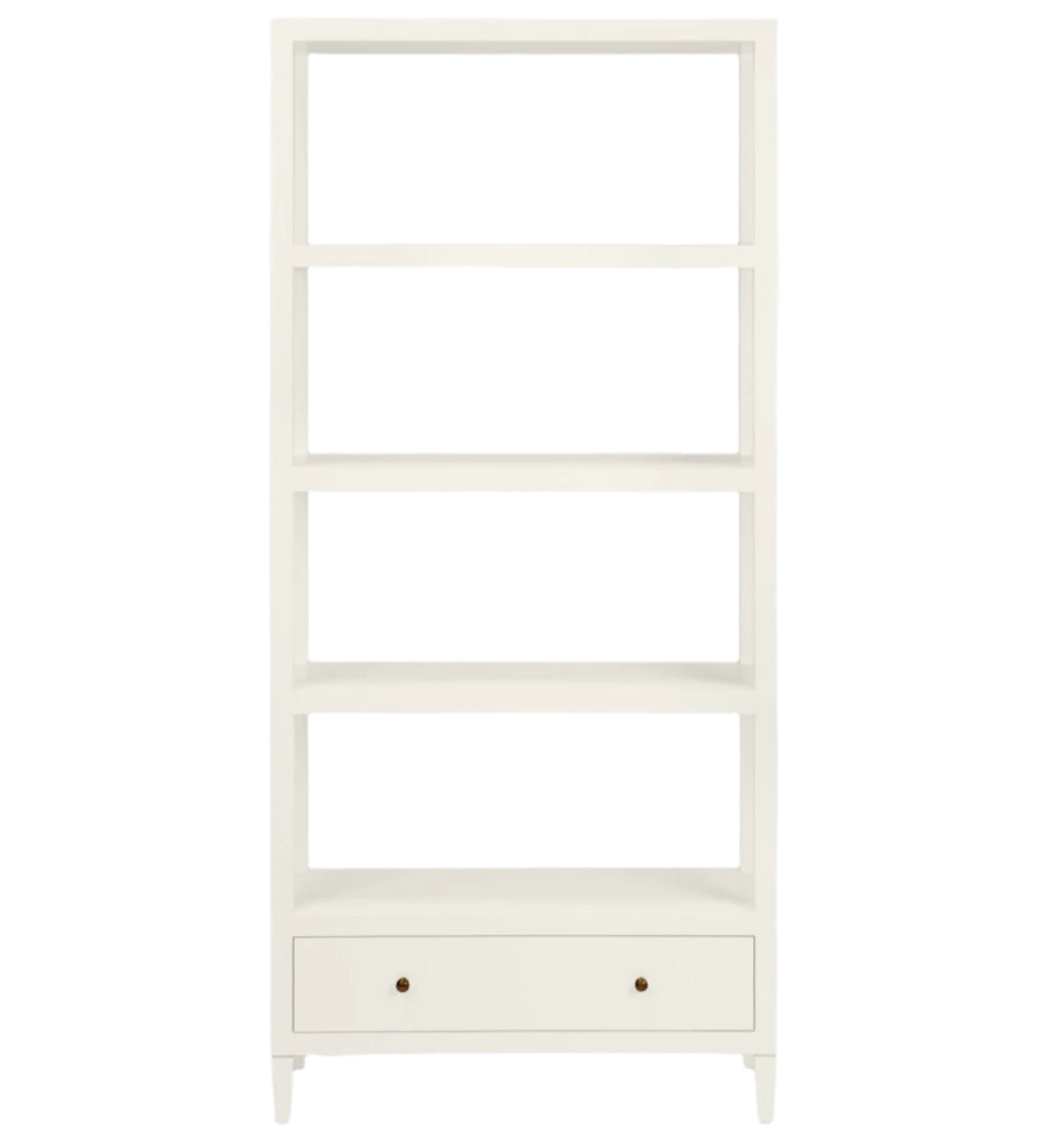 The Conrad Bookcase by Made Goods is a white, four-shelf bookcase with a bottom drawer, expertly crafted with simple, modern design inspired by the Conrad collection.