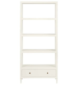 The Conrad Bookcase by Made Goods is a white, four-shelf bookcase with a bottom drawer, expertly crafted with simple, modern design inspired by the Conrad collection.