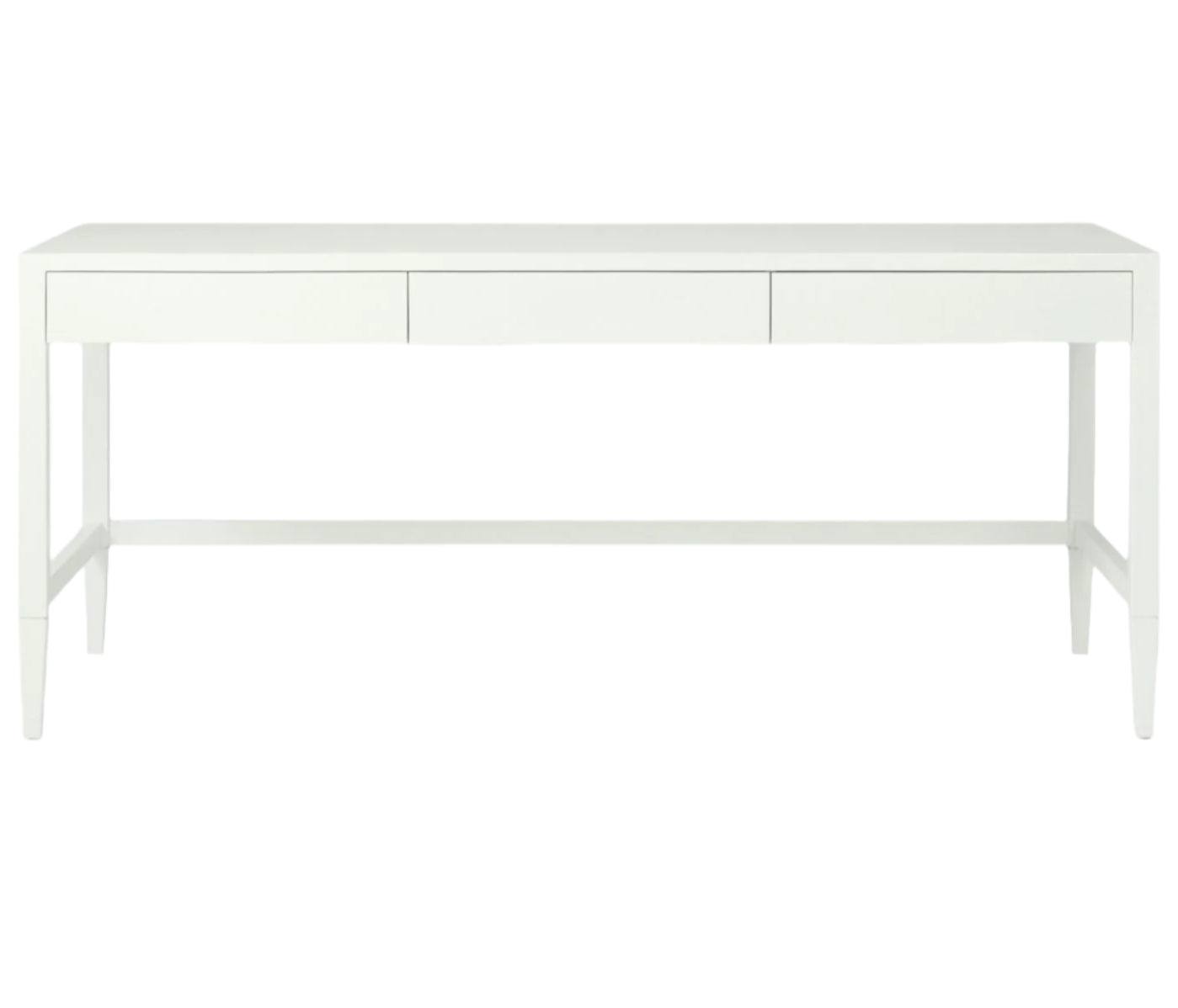 The Conrad Desk by Made Goods is a modern white desk with three front drawers and tapered legs, inspired by traditional Chinese consoles, shown against a plain white background.