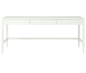 The Conrad Desk by Made Goods is a modern white desk with three front drawers and tapered legs, inspired by traditional Chinese consoles, shown against a plain white background.