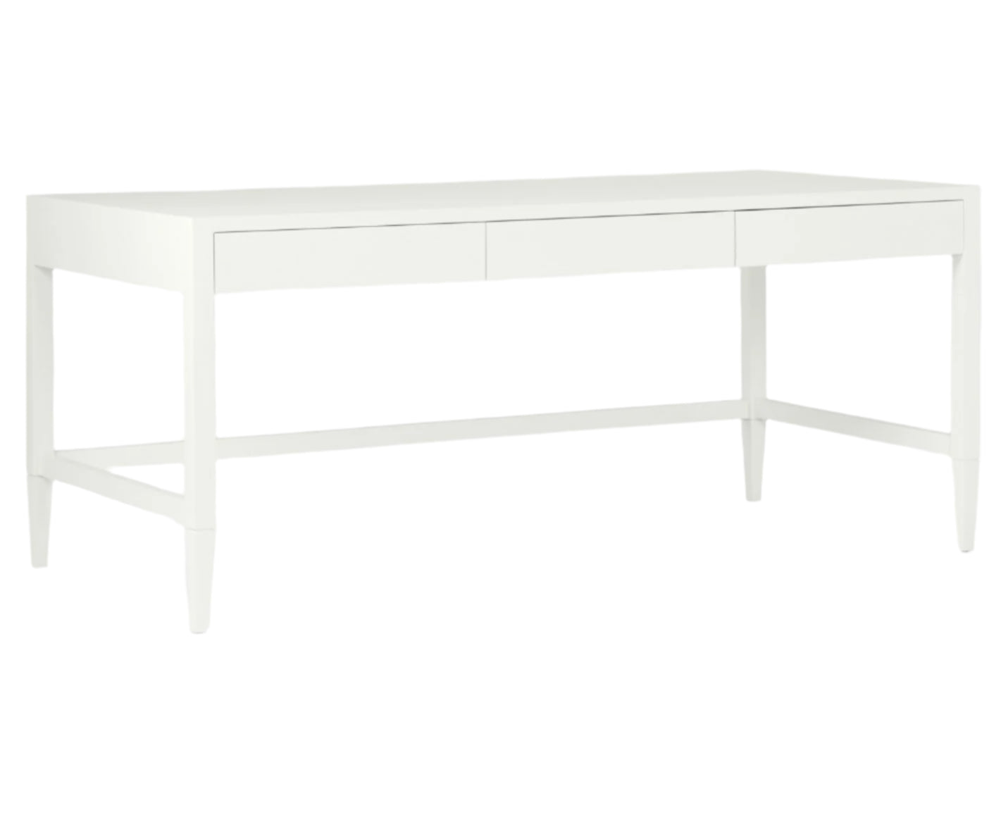 The Conrad Desk by Made Goods features a plain white rectangular design with a 14-inch depth, three drawers, and tapered legs, inspired by traditional Chinese consoles. Photographed against a white background.