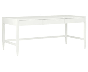 The Conrad Desk by Made Goods features a plain white rectangular design with a 14-inch depth, three drawers, and tapered legs, inspired by traditional Chinese consoles. Photographed against a white background.