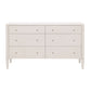 The Made Goods Conrad Dresser Collection offers a rectangular six-drawer dresser with a light beige faux raffia finish, small round metal knobs, and four tapered legs—an elegant choice for luxury interiors.