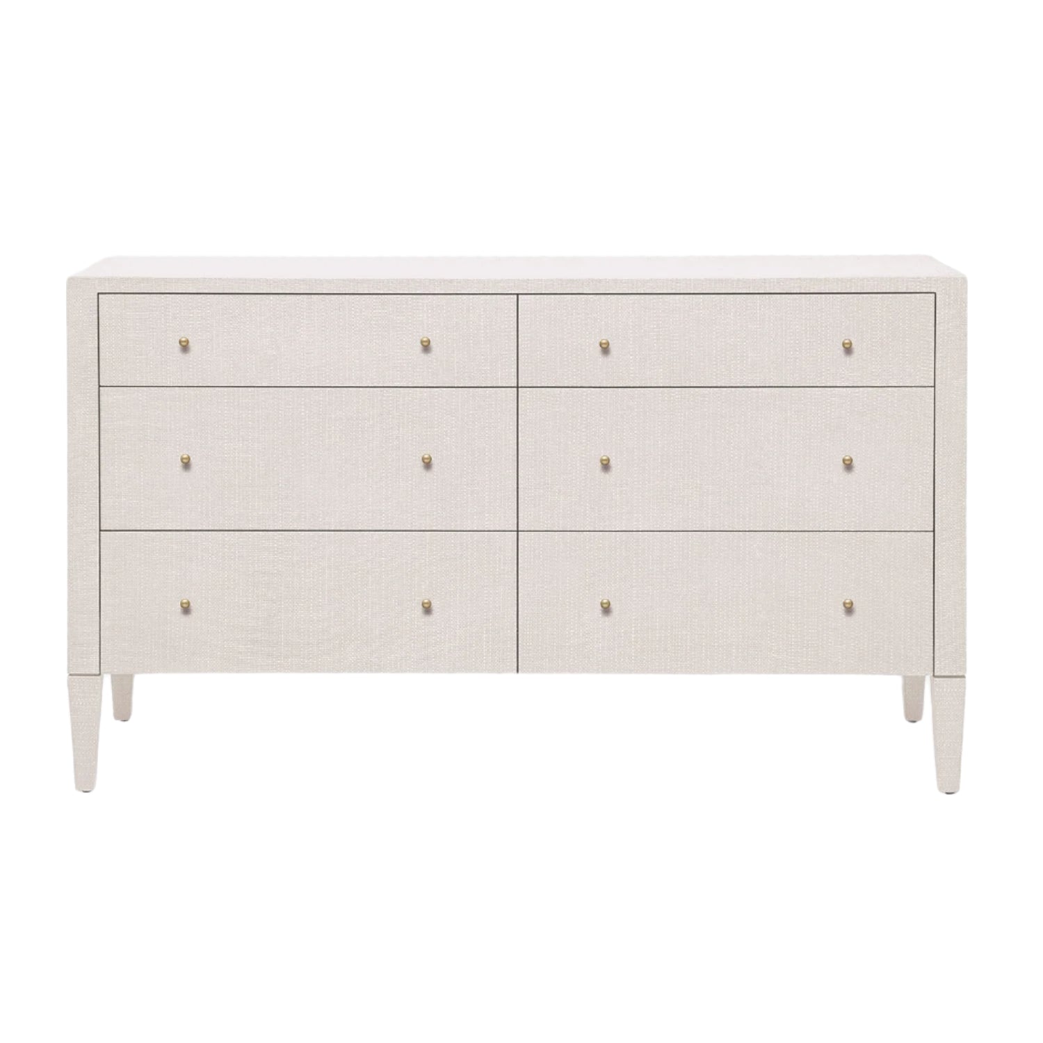 The Made Goods Conrad Dresser Collection offers a rectangular six-drawer dresser with a light beige faux raffia finish, small round metal knobs, and four tapered legs—an elegant choice for luxury interiors.