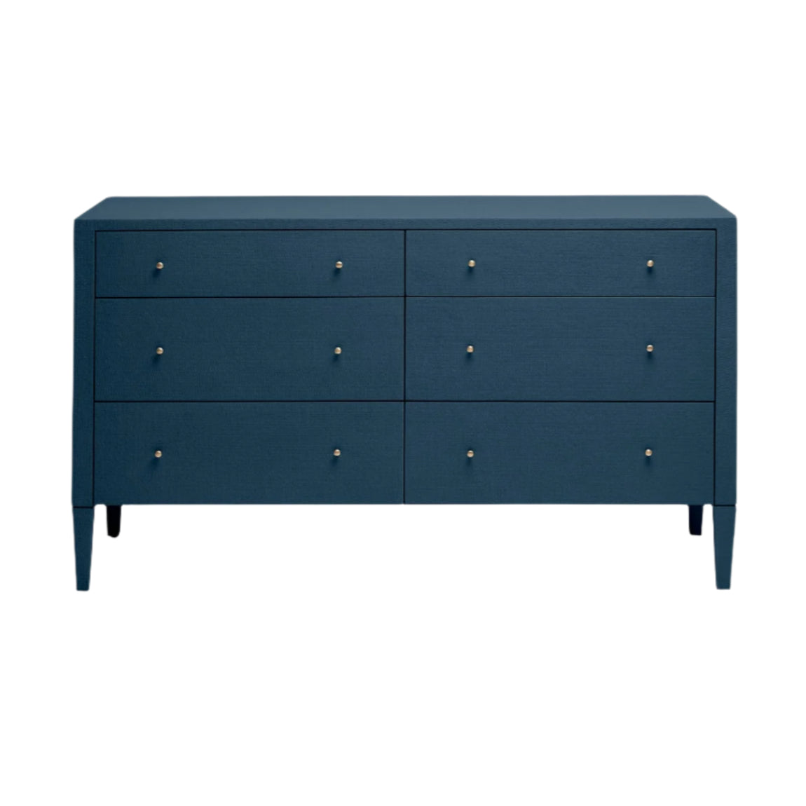 The Conrad Dresser Collection by Made Goods features a dark blue six-drawer dresser with small round knobs, tapered legs, and a faux raffia finish, adding luxury style to any space.