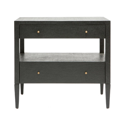 The Conrad Nightstand Collection by Made Goods features wood drawers, a black finish, tapered legs, two drawers with gold knobs, and an open middle shelf.