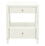 The Made Goods Conrad Nightstand is a white piece with modern proportions, two brass-knob drawers, an open middle shelf, and four short legs.