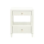 The Made Goods Conrad Nightstand from the Conrad Nightstand Collection features two wood drawers and a central open shelf, standing on four tapered legs, shown against a plain white background.
