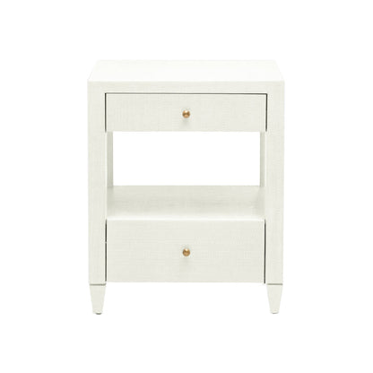 The Made Goods Conrad Nightstand from the Conrad Nightstand Collection features two wood drawers and a central open shelf, standing on four tapered legs, shown against a plain white background.