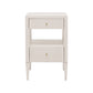 The Conrad Nightstand Collection by Made Goods features a white nightstand with two drawers, a central open shelf, gold knobs, faux raffia accents, and four tapered legs, blending elegance and function for your bedroom.