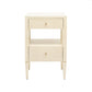 The Made Goods Conrad Nightstand Collection features a beige finish with faux raffia, one top wood drawer, an open middle shelf, and a bottom drawer, all supported by four sturdy legs.