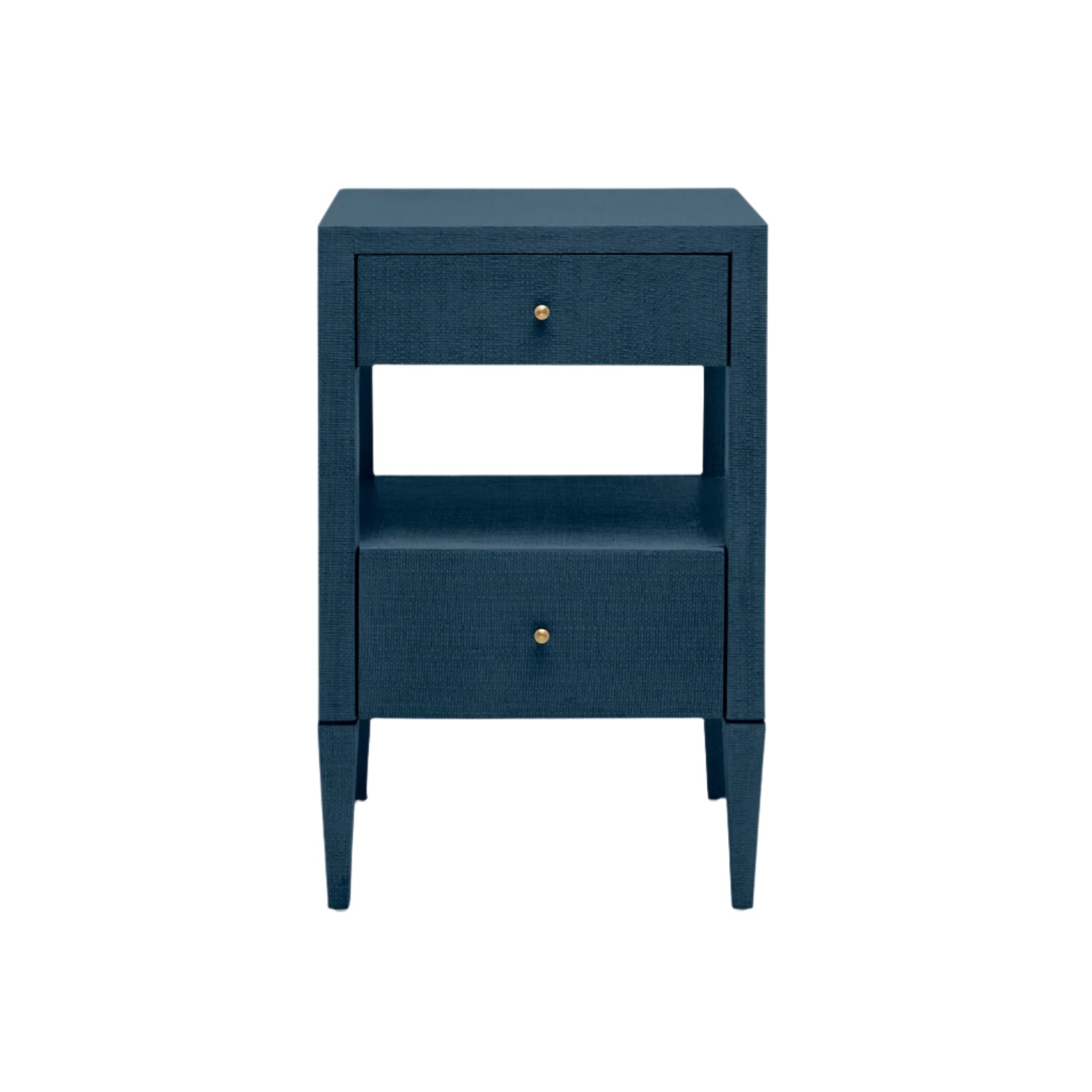 The Conrad Nightstand Collection by Made Goods features a blue wooden nightstand with two drawers, an open faux raffia shelf in between, and small round drawer knobs—an elegant addition to any bedroom.
