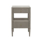 The Conrad Nightstand Collection by Made Goods features a modern gray faux raffia finish, two drawers with gold knobs, an open shelf, and slender legs—adding understated elegance to your bedroom décor.