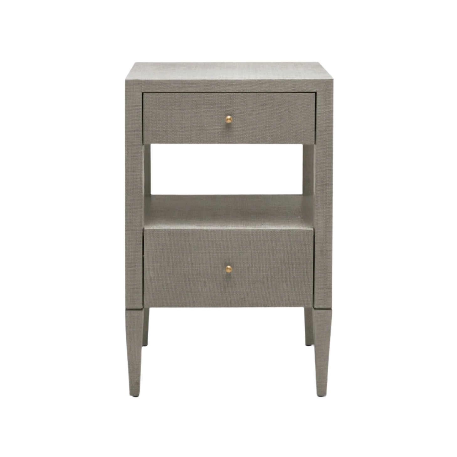 The Conrad Nightstand Collection by Made Goods features a modern gray faux raffia finish, two drawers with gold knobs, an open shelf, and slender legs—adding understated elegance to your bedroom décor.